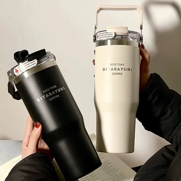 SITARAYURI 900ml 핸들 텀블러 듀얼음수 이중진공 빨대 보온 보냉 스텐 콜드컵