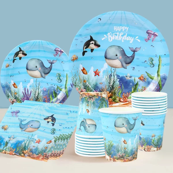 해양 동물 일회용 식기, 생일 파티 장식, 어린이 선물, 바다 테마, 베이비 샤워 용품, 해피 1 주년 선물