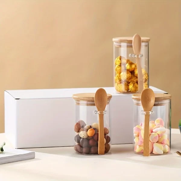 280ml 사탕 항아리, 비스킷 항아리, 밀봉된 대나무 뚜껑과 숟가락이 있는 유리 저장 용기 - 10온스 투명 유리 대량 식품 저장 용기