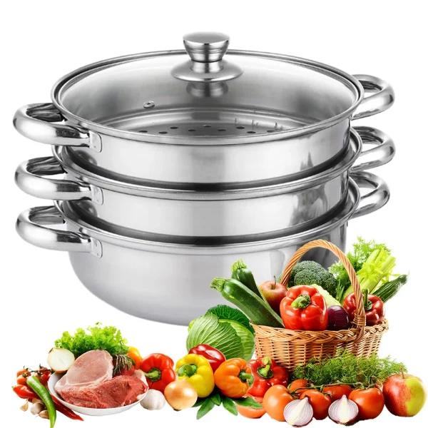뚜껑이 있는 요리용 3단 찜통 스테인레스 스틸 스팀 포트 야채 만두 스톡 소스 음식용 다용도 찜통