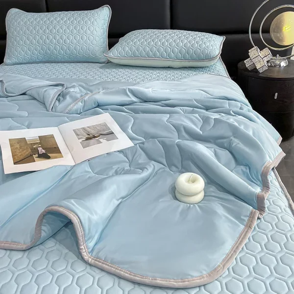 양면 시원한 느낌 여름 퀼트 세트, 퀸 부드러운 아이스 실크 쿨링 담요, 여름 편안한 시트 및 베갯잇