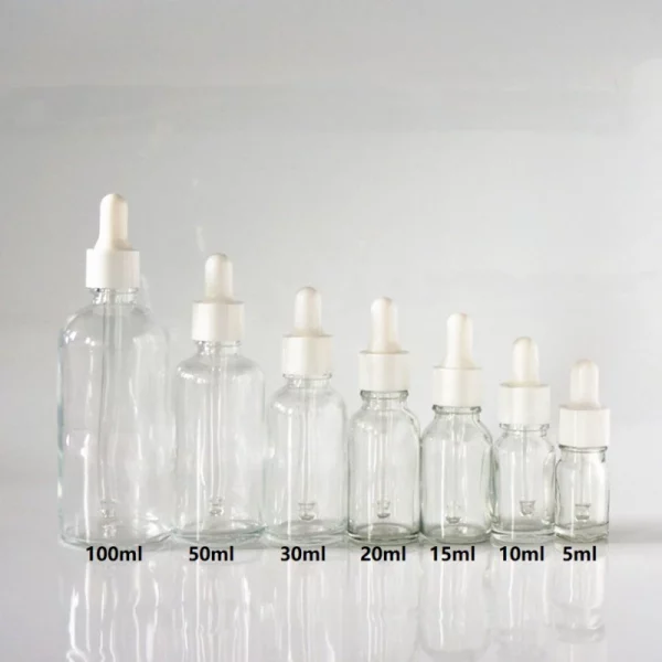 5/10/15/20/30/50/100ml 재사용 가능한 명확한 에센셜 오일 병 고무 헤드 Dropper 캡 흰색 플라스틱 커버 유리 용기