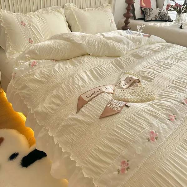 2024 공주 스타일 꼬마 요정 레이스 이불 세트, 세탁 및 젖은 털실 침대용, 기숙사 침대 시트, 3 피스 세트