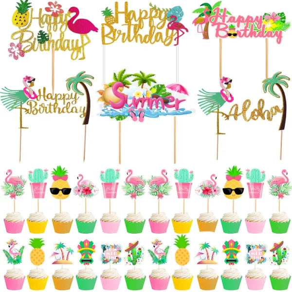 하와이 컵케익 토퍼 플라밍고 파인애플 생일 축하 케이크 토퍼 열대 여름 해변 생일 파티 케이크 장식