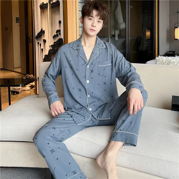새로운 긴팔 면화와 실크 잠옷 남성 봄, 가을 간단한 하이 엔드 얇은 남성 여름 옷깃 Loungewear 정장