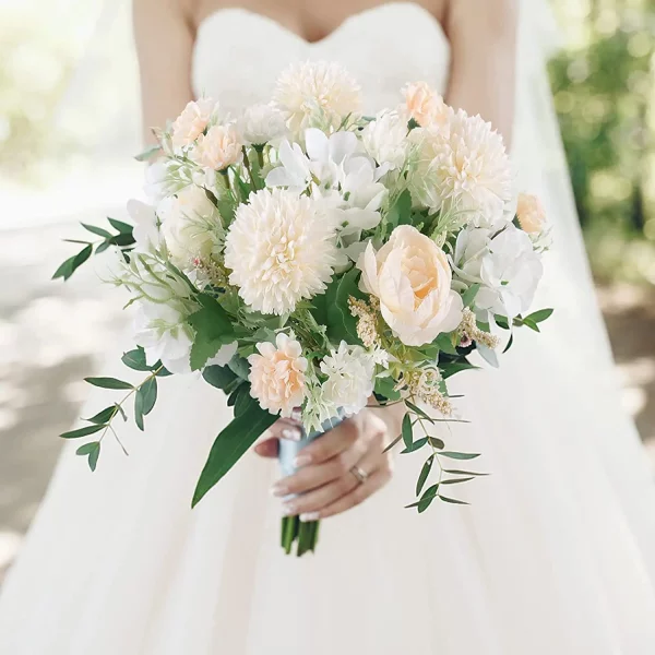 인공 꽃 장미 부케, 가짜 꽃, 하얀 장미, 신부 웨딩 부케, 가정 정원 파티 웨딩 장식, 3 팩