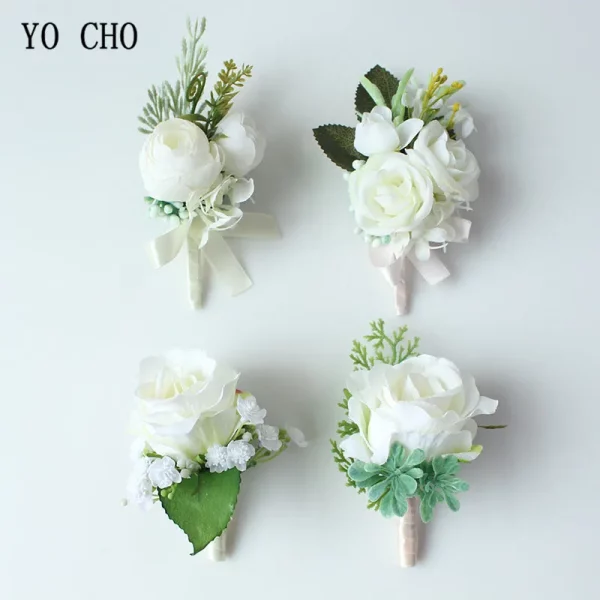 YO CHO 신부 실크 장미 화이트 손목 커프 팔찌, 신부 들러리 신랑 꽃 Boutonnieres 무도회 결혼 웨딩 용품
