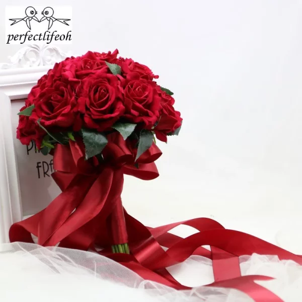 Perfectlifeoh 핫 레드 웨딩 부케 신부 부케 웨딩 장식 Foamflowers 로즈 신부 부케