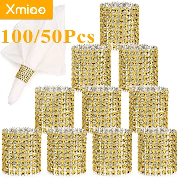 100/50pcs 라인 석 냅킨 링 블링 장식 결혼식 저녁 우아한 골드 은색 냅킨 링 홀더 파티 용품