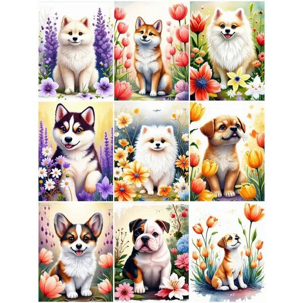 다이아몬드 페인팅 개 동물 전체 라운드 다이아몬드 모자이크 꽃 수제 선물 사진 라인 석