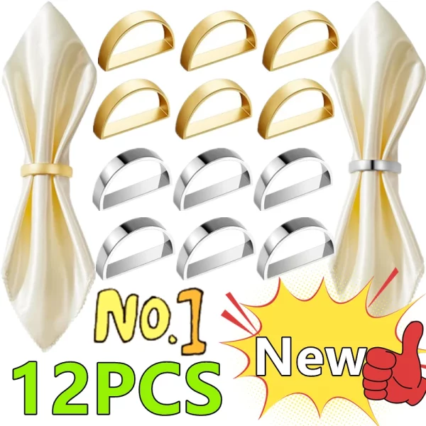 최신 12-2PCS D 자형 냅킨 링 금속 테이블 냅킨 홀더 생일 파티 테이블 장식 웨딩 크리스마스 저녁 냅킨 링