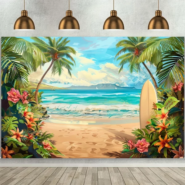 여름 하와이 해변 배경 천 1 조각 알로하 열대 야자 꽃 푸른 하늘 바다 서핑 보드 하와이 사진 배경