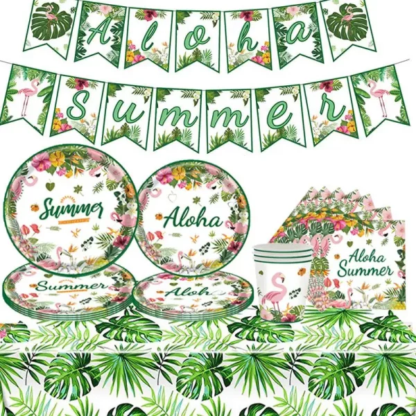 열대 야자수 잎 플라밍고 종이 접시 컵 식기 장식, 하와이 생일 장식, 알로하 여름 플라밍고 하와이 파티 용품