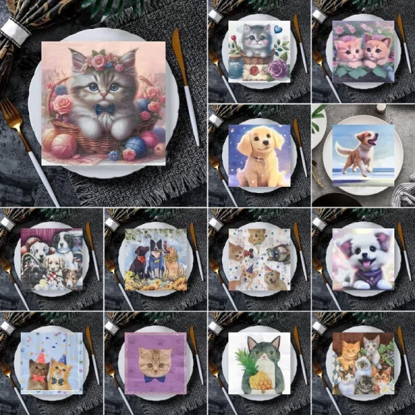 20/8Pcs 믹스 귀여운 고양이 개 Decoupage 종이 냅킨 만화 동물 종이 조직 소년 소녀 생일 파티 크리스마스 용품