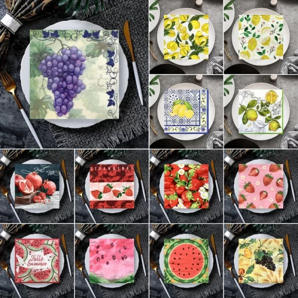 20/8Pcs 믹스 레몬 포도 테이블 종이 조직 여름 과일 오렌지 Decoupage 냅킨 종이 웨딩 장식 파티 용품 HOT2025