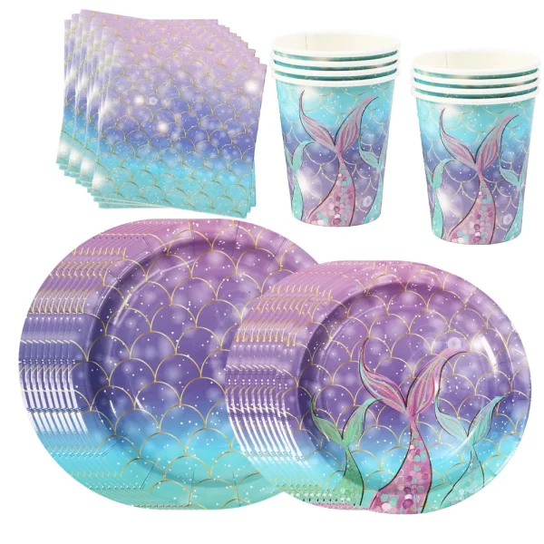 인어 생일 장식 소녀 일회용 종이 접시 컵 냅킨 플라스틱 빨대 베이비 샤워 웨딩 파티 용품