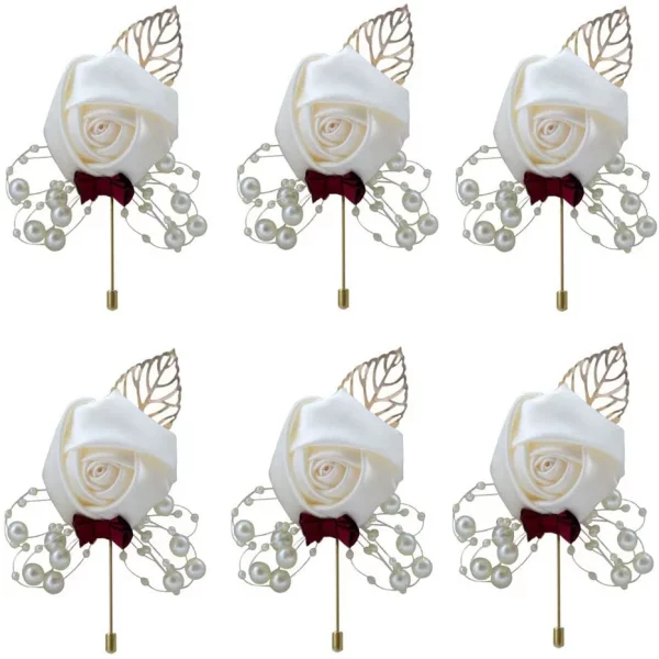 Boutonnieres 꽃 인공 장미 가짜 진주 아이보리 코사지 Buttonhole Groomsmen Boutonniere for Men 웨딩 액세서리