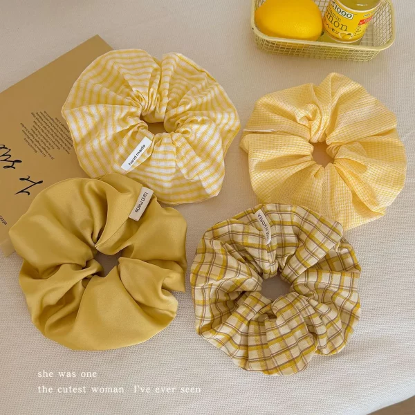 한국식 대형 노란색 체크 무늬 대장 머리끈 1개, 포니테일용 고품질 헤어밴드, 다용도 머리 꽃