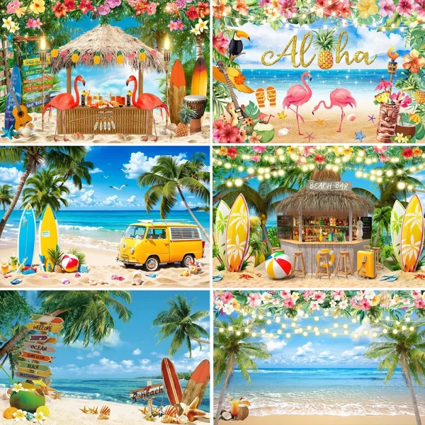 여름 하와이 해변 테마 열대 꽃 알로하 플라밍고 서핑 보드 해변 생일 아이 휴일 파티 사진 배경