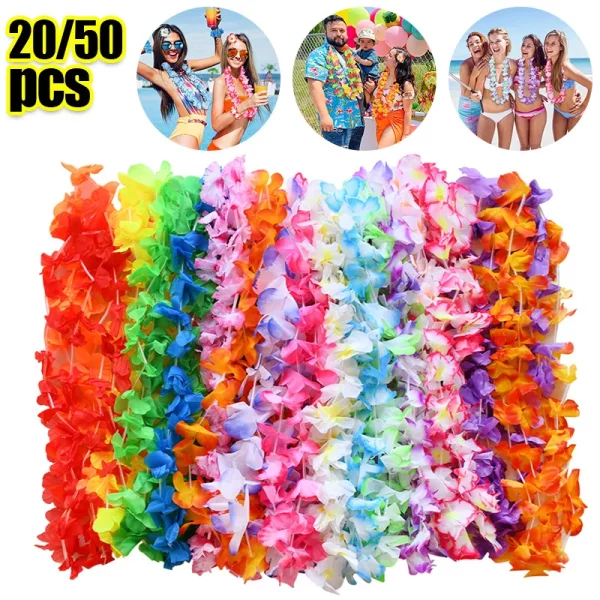 5-50Pcs 하와이 인공 꽃 목걸이 여름 열 대 해변 생일 파티 장식 용품 손님을위한 결혼식 호의