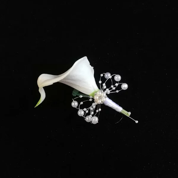 신랑용 화이트 칼라 릴리 코사지, 크리스탈 진주, Boutonniere 결혼, Alfileres boda invitadas