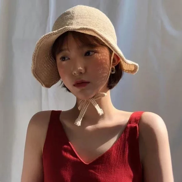 린넨 스트로 레지던시 보닛 여성용 햇빛 가리개 모자 리본 비치 캡 넓은 챙 클로슈 모자 야외 여름용