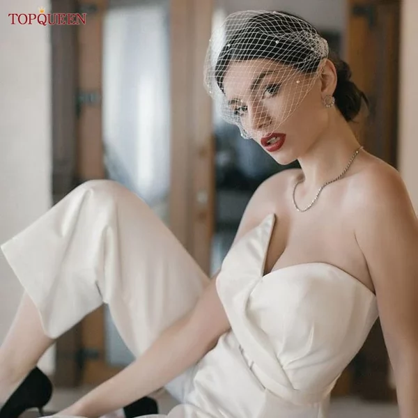 TOPQUEEN VA05 간단한 분리형 블러셔 베일, 처녀 파티 액세서리용 두 개의 빗에 진주가있는 새장 베일