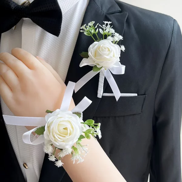 흰색 실크 장미 아기 호흡 Boutonniere 웨딩 액세서리 손목 코사지 팔찌 신부 들러리 인공 꽃 단추 구멍