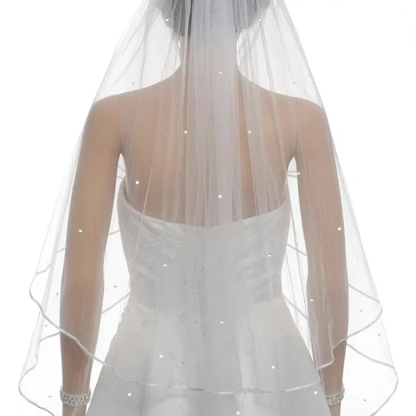우아한 두 레이어 짧은 구슬 신부 베일 화이트 아이보리 여성 리본 가장자리 웨딩 베일 빗