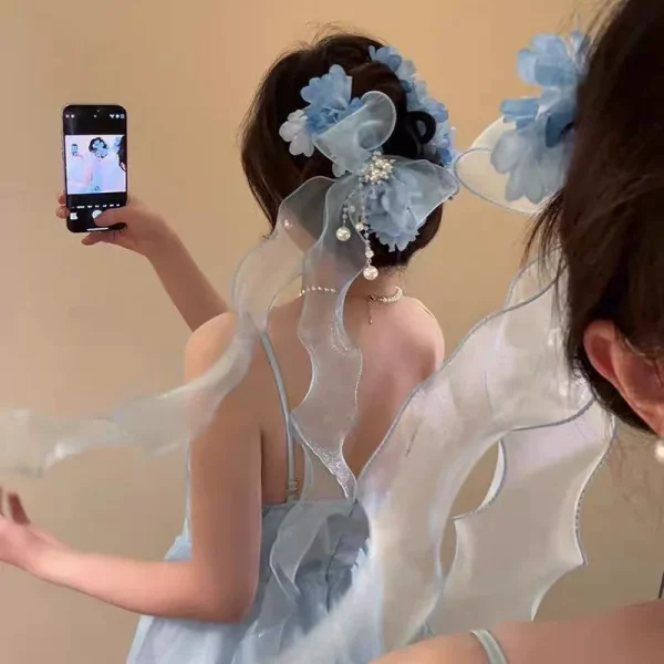 파란 꽃 활 머리띠 클립 달콤하고 고급스러운 느낌 머리 뒤쪽 머리 롤빵 상어 클립 꿈꾸는 헤어 액세서리