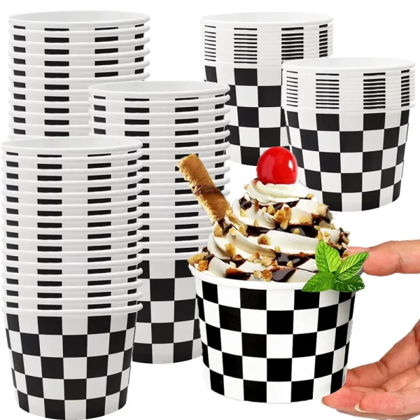 5/10/15/20/30/50pcs 아이스크림 컵 블랙 화이트 체크 무늬 레이싱 테마 스낵 종이 그릇 생일 파티 스낵 포장 용품