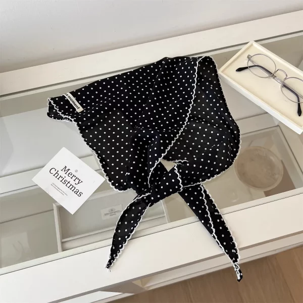 여성용 흰색 머리 스카프 한국어 폴카 도트 스카프 카와이 삼각형 스카프 프랑스어 작은 신선한 스카프 실크 스카프 헤어 스위트 스타일