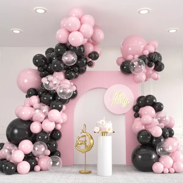 107Pcs 핑크와 블랙 풍선 화환 아치 키트 발렌타인 데이 웨딩 아기 생일 파티 장식을위한 투명 풍선