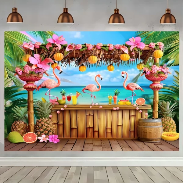 하와이 여름 해변 배경 열대 해변 꽃, 알로하 루아우 바다 서핑보드, 홀리데이 파티 생일 배경 장식