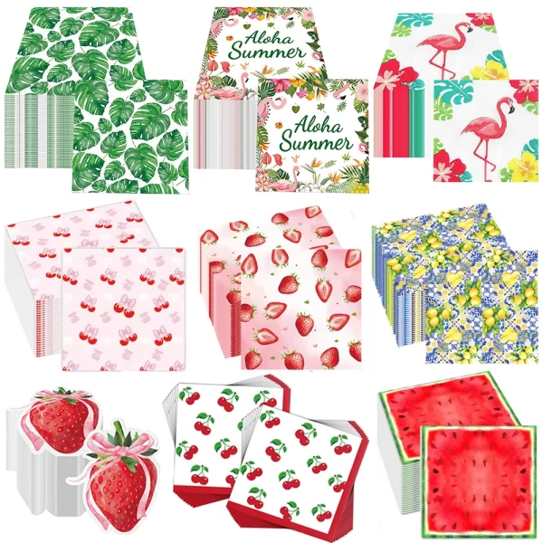 20/40/60/80/100Pcs 수박 레몬 체리 딸기 플라밍고 하와이 일회용 냅킨 여름 테마 생일 파티 장식