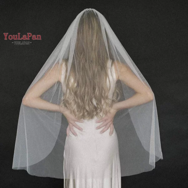 YouLaPan 부드러운 얇은 명주 그물 싱글 레이어 신부 결혼식, 간단한 베일 컷, 가장자리 벨로 드 노비아 라르고 만틸라, 맞춤형 웨딩 베일, V30