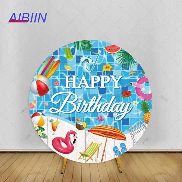 여름 수영장 파티 생일 축하 라운드 배경 커버 열대 플라밍고 수박 서핑 보드 파티 장식 사진 배경