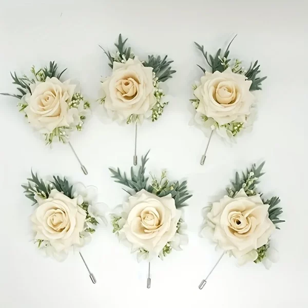1/6PCS 로즈 웨딩 샴페인 손목 코사지 및 Boutonniere 세트 ForBride 신부 들러리 남자 신랑 로즈 웨딩 꽃 액세서리