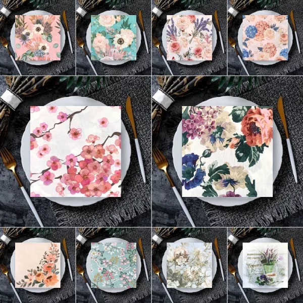 20/8Pcs 믹스 빈티지 꽃 나비 Decoupage 종이 냅킨 꽃 종이 Serviettes 크리스마스 웨딩 파티 식기 장식 2
