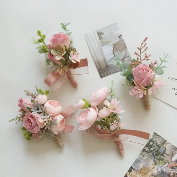 웨딩 인공 꽃 실크 로즈 Boutonniere Ribbion 손목 코사지 Botonier Para Novio Boda