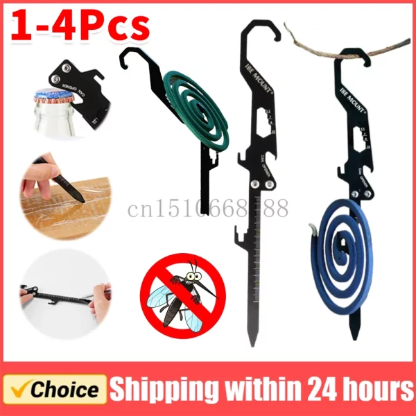 1-4Pcs 스테인레스 스틸 모기 코일 홀더 야외 다기능 도구 병따개 측정 눈금자 접이식 삽입