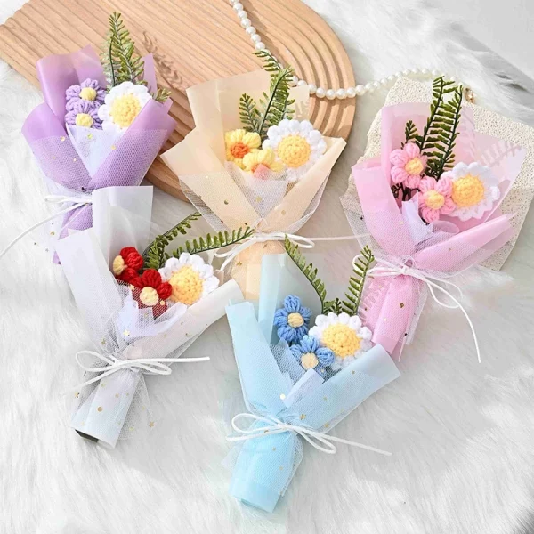 완성 된 크로 셰 뜨개질 꽃 꽃다발 인공 꽃 방 장식 수제 니트 꽃 꽃다발 웨딩 파티 선물 도매