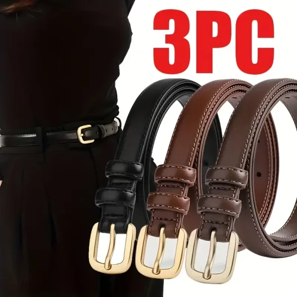 3피스 여성용 타이트 허리 벨트 - 골드 버클이 있는 PU 가죽 단색 벨트, 청바지 및 바지용 슬림핏 허리 벨트 - 캐주얼