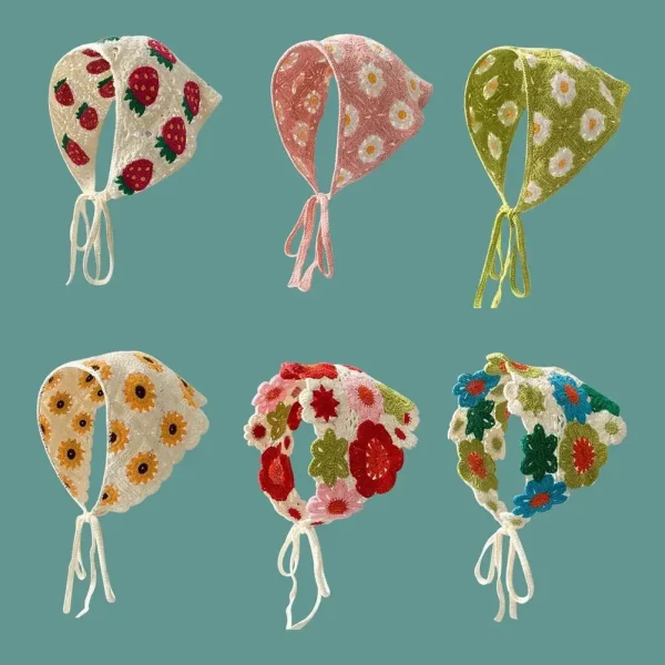 한국 귀여운 수제 크로셰 할로우 삼각형 머리띠 수건, 용수철 및 여름 여행 문학 사진 헤어 스카프