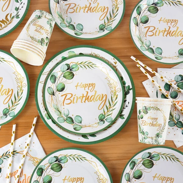 녹색 유칼립투스 잎 일회용 식기 세트 종이 접시 컵 냅킨 어린이 성인 생일 용품 하와이 여름 파티 장식
