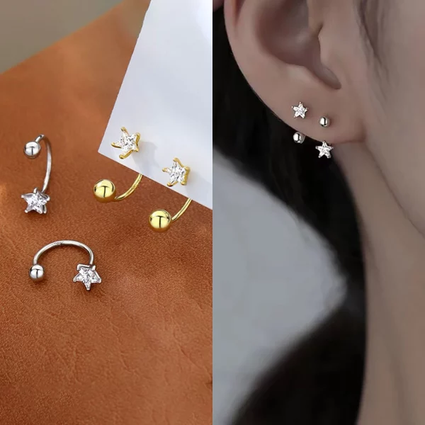 2PCS 스테인레스 스틸 스타 크리스탈 CZ 귀 스터드 귀걸이 여성 실버 컬러 Tragus 연골 헬릭스 피어싱 쥬얼리