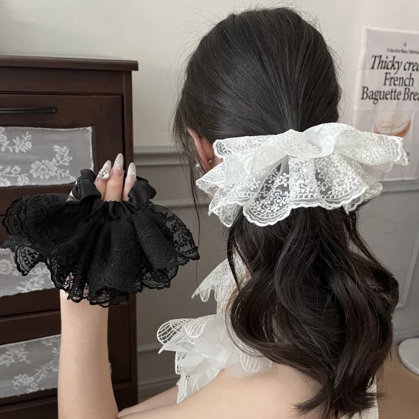 한국 감성 더블 레이어 자수 스커트 레이스 대장 스크런치 헤어플라워, 발레 스타일 포니테일 헤어밴드 1개