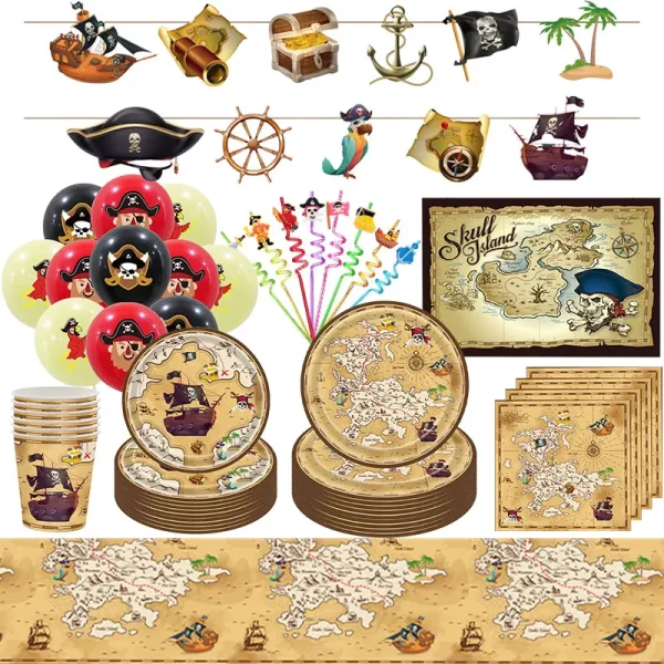 해적 생일 파티 장식 풍선 식기 컵 플레이트 냅킨 식탁보 키트, 해적 테마 배경 장식, 소년 용품