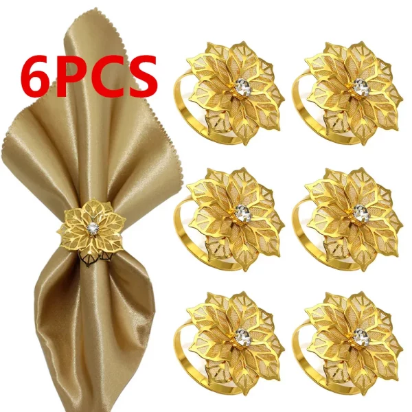 장미 꽃 냅킨 거치대, 꽃 라인석 냅킨 반지, 결혼식 크리스마스 파티 디너 테이블 장식, 1/6