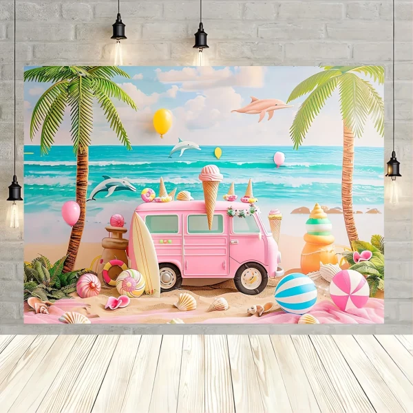 1개의 아이스크림 가게 여름 배경 배너, 열대 하와이 해변 바다 테마, 서핑 보드 바다 알로하 파티 장식